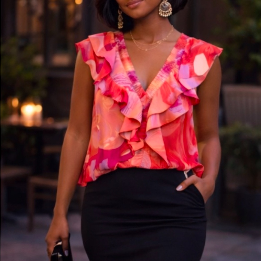 Pink Orange Purple Ruffle Summer Deep V- Neck Top Size Medium - Picture 1 of 7